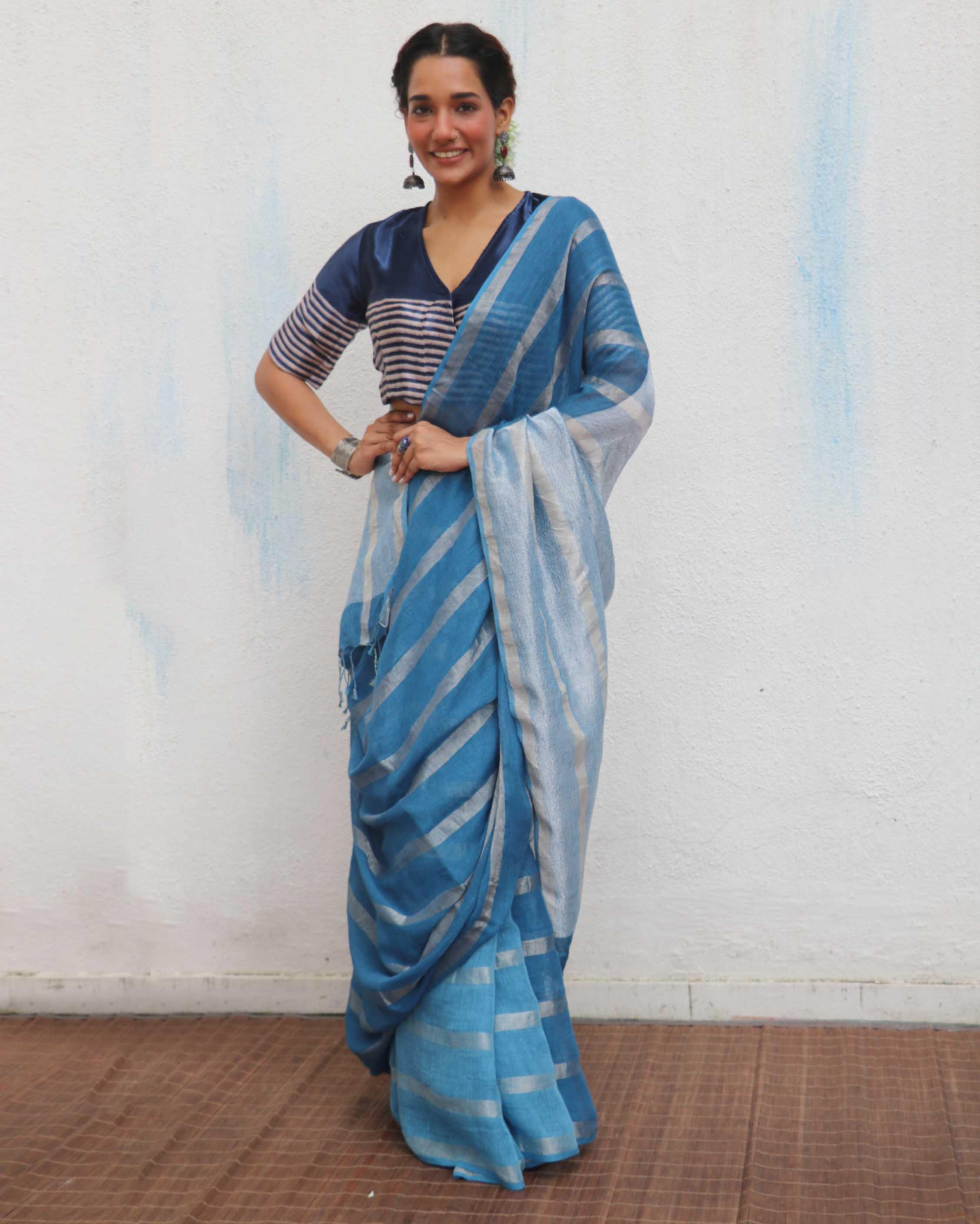Megha Blue Handwoven Linen Zari Saree - Jheel - Image 4
