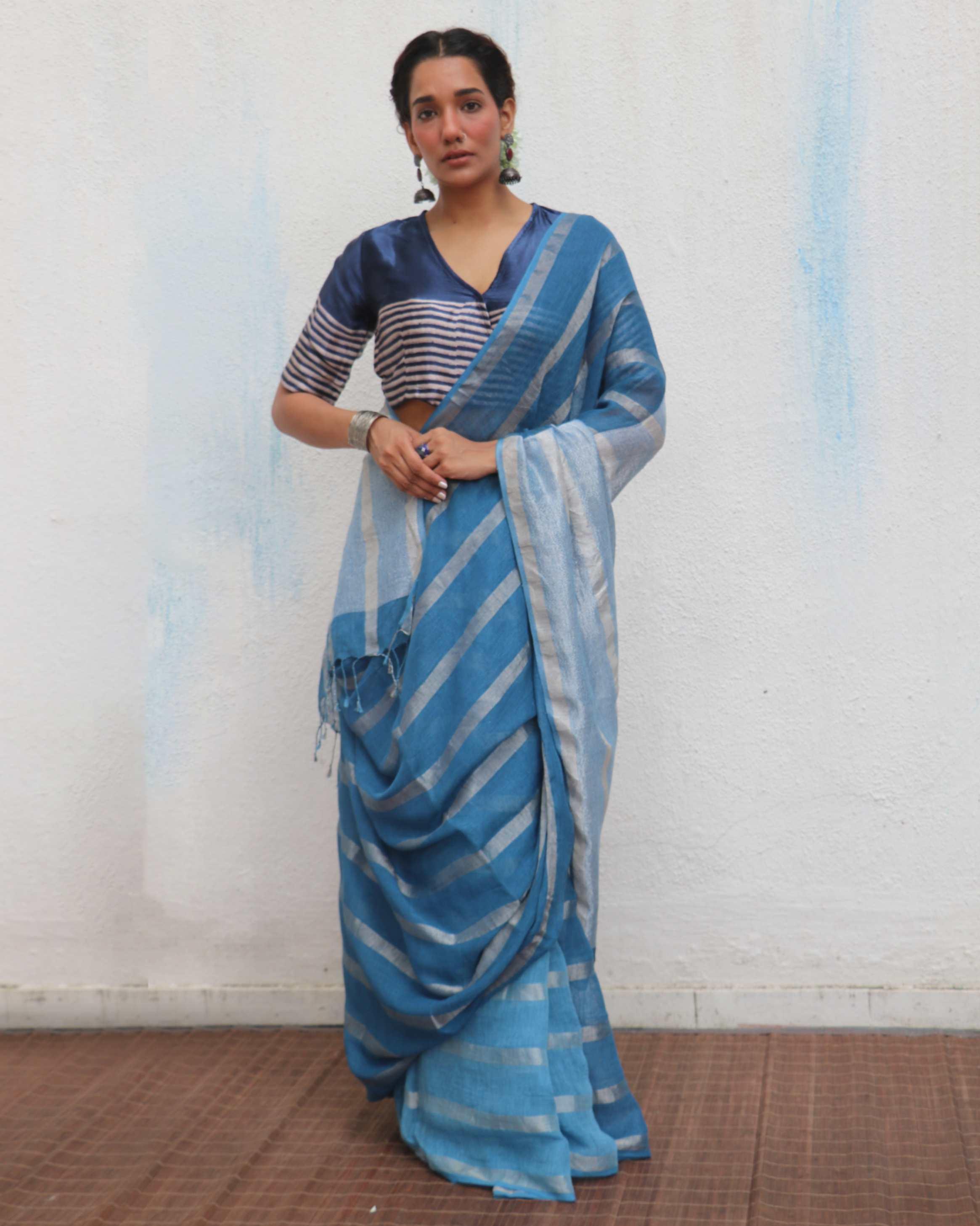 Megha Blue Handwoven Linen Zari Saree - Jheel - Image 6