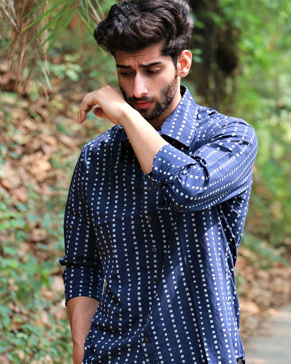 Midnight Blue Block Printed Cotton Shirt - Image 5
