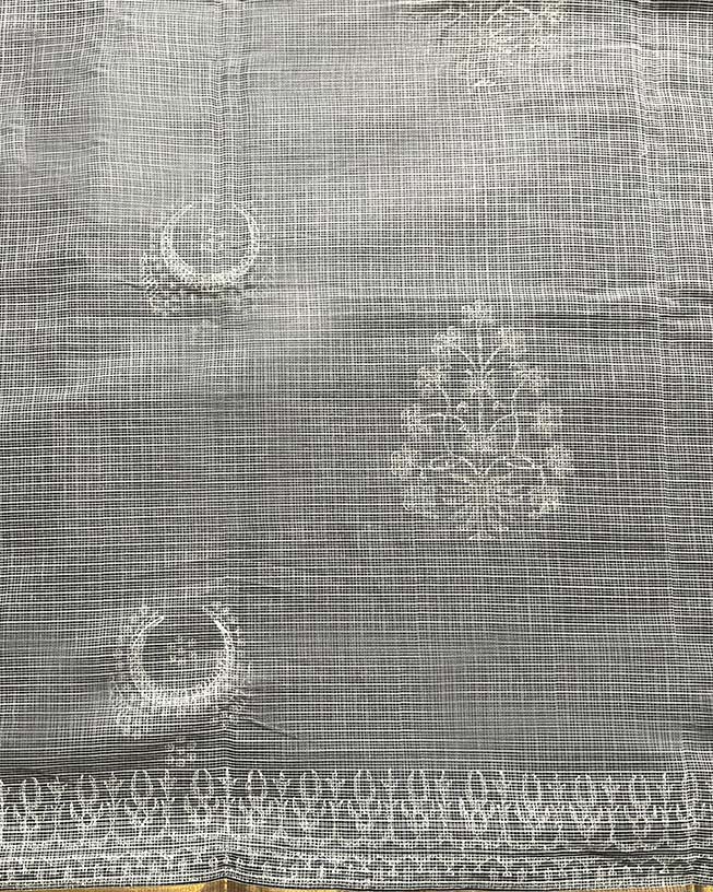 Milk Glass Kota Doria Ivory Block Printed Saree - SFD - Image 3
