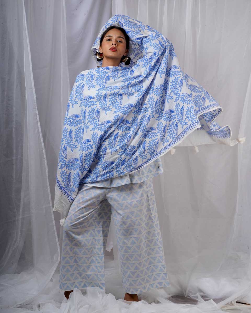 Milu Blue Hand Block Printed Dupatta-BAD - Image 9