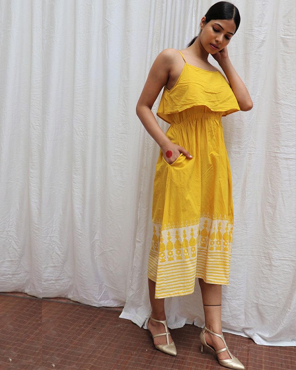 Mimosa Yellow Handblockprinted Cotton Dress-Sor - Image 5