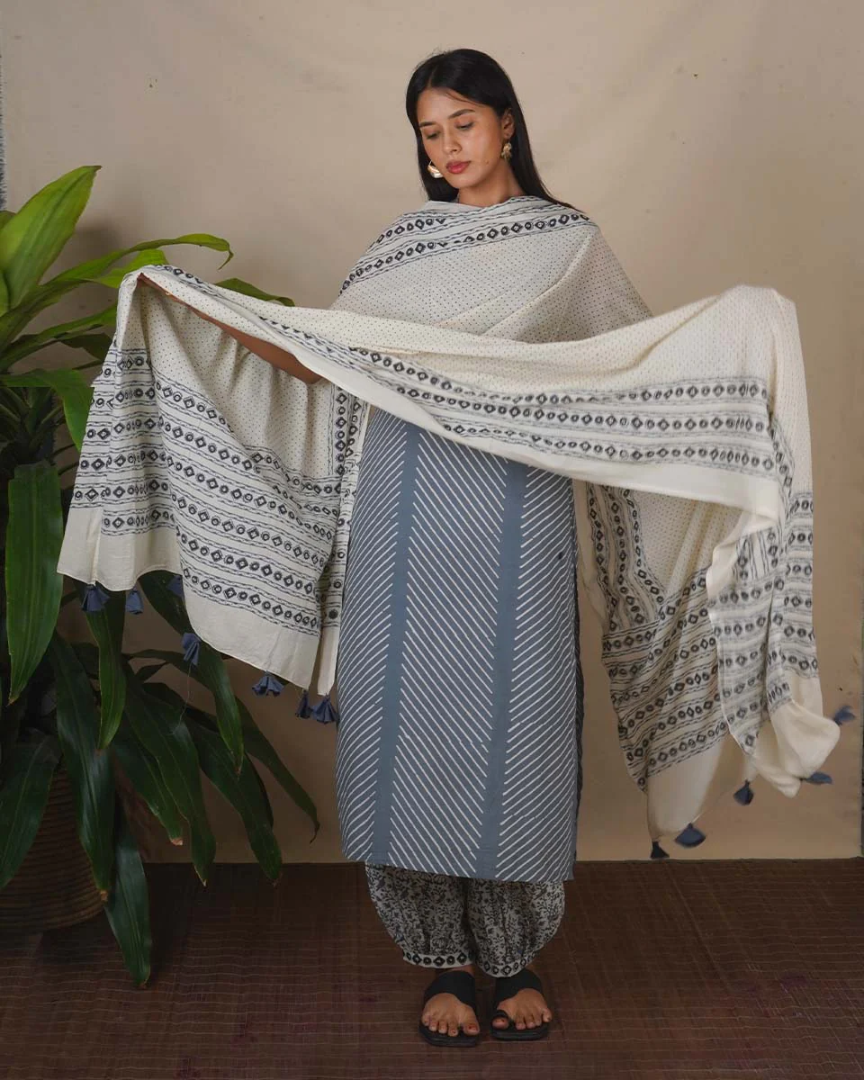Mirror Grey Ivory Block Printed Dupatta - BMS - Image 2