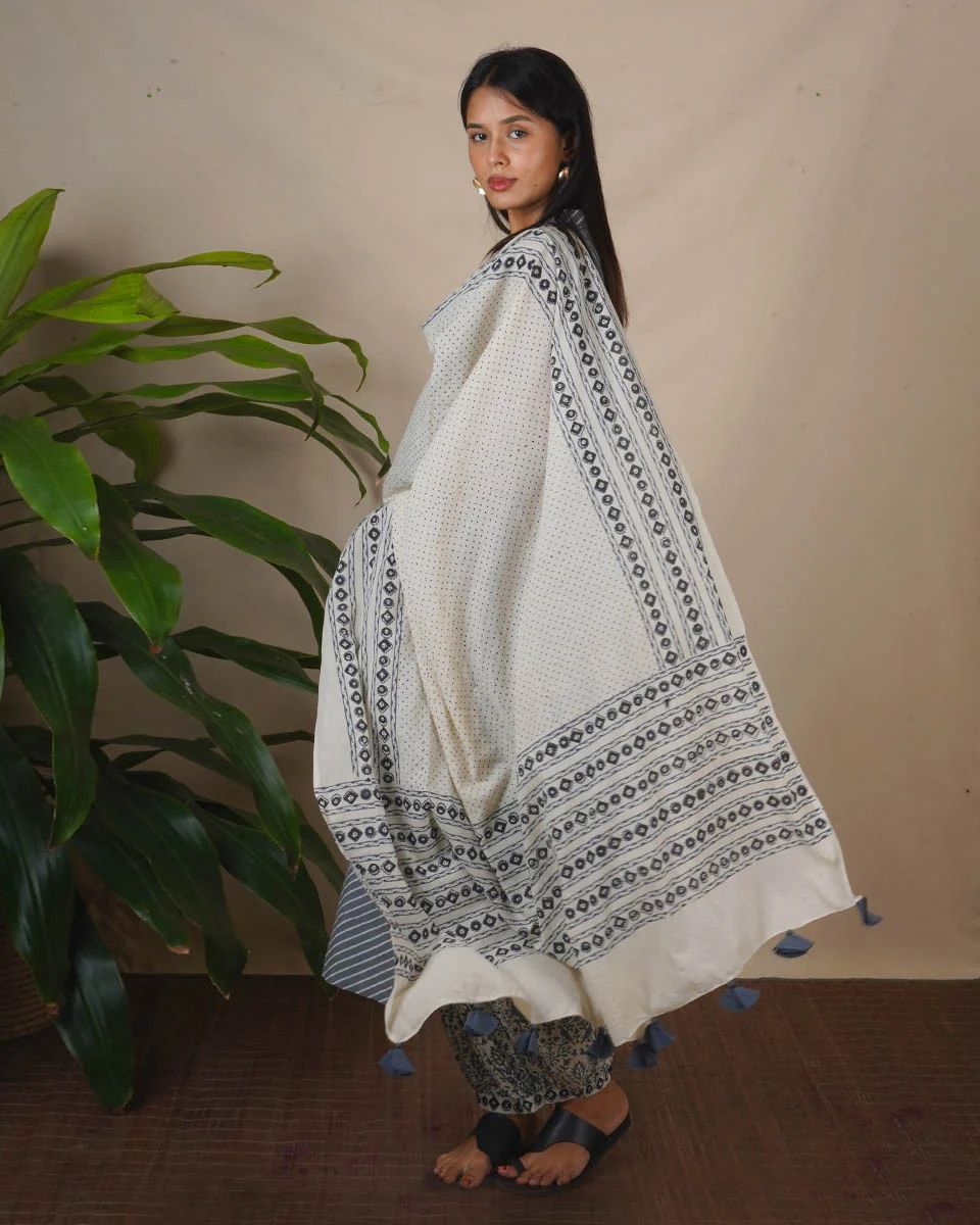 Mirror Grey Ivory Block Printed Dupatta - BMS - Image 6