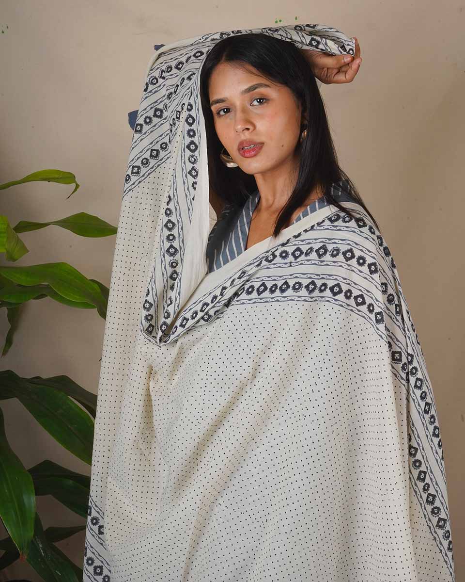 Mirror Grey Ivory Block Printed Dupatta - BMS - Image 8