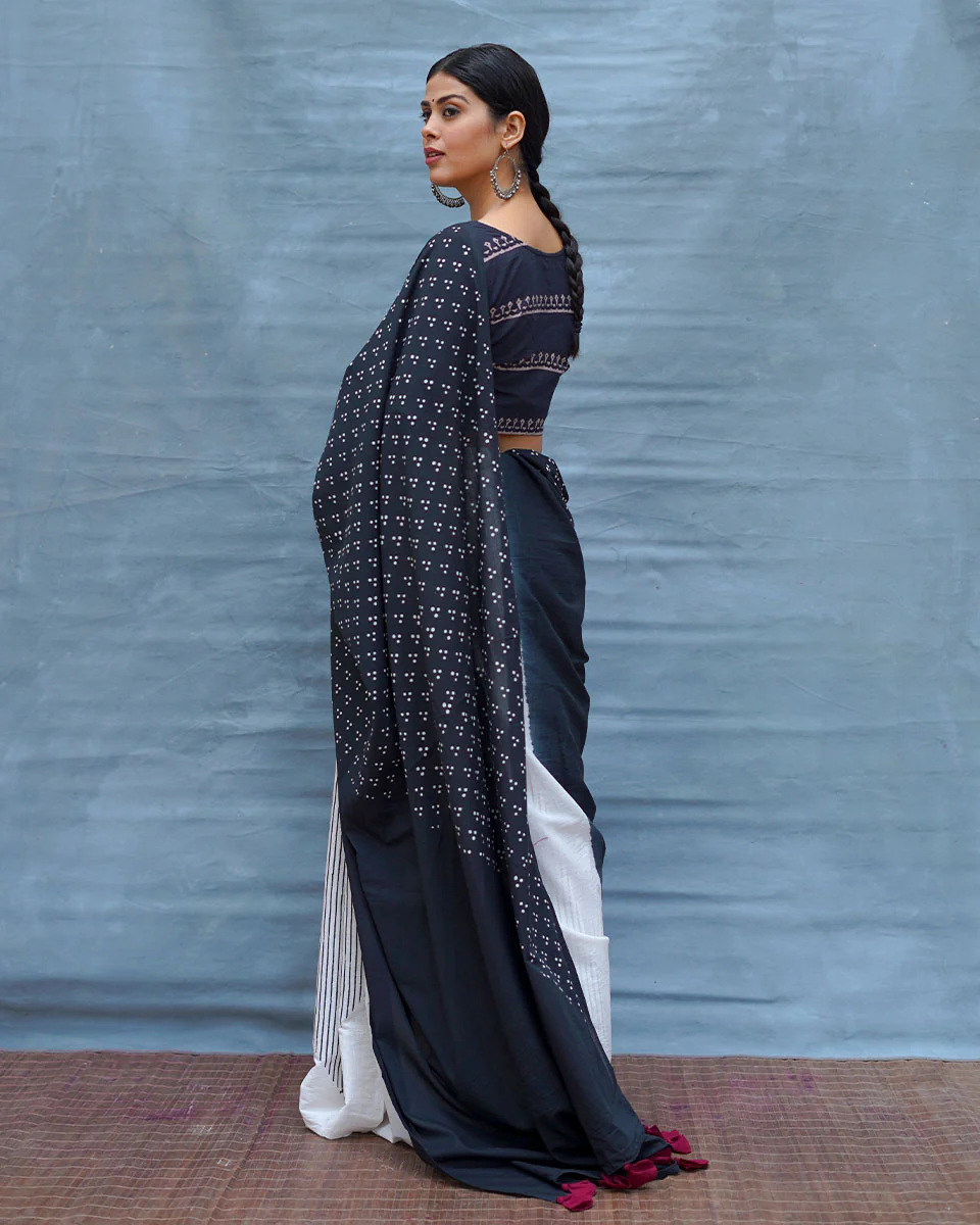 Monochrome Magic Black & White Handblock Print Cotton Saree - MIS - Image 10