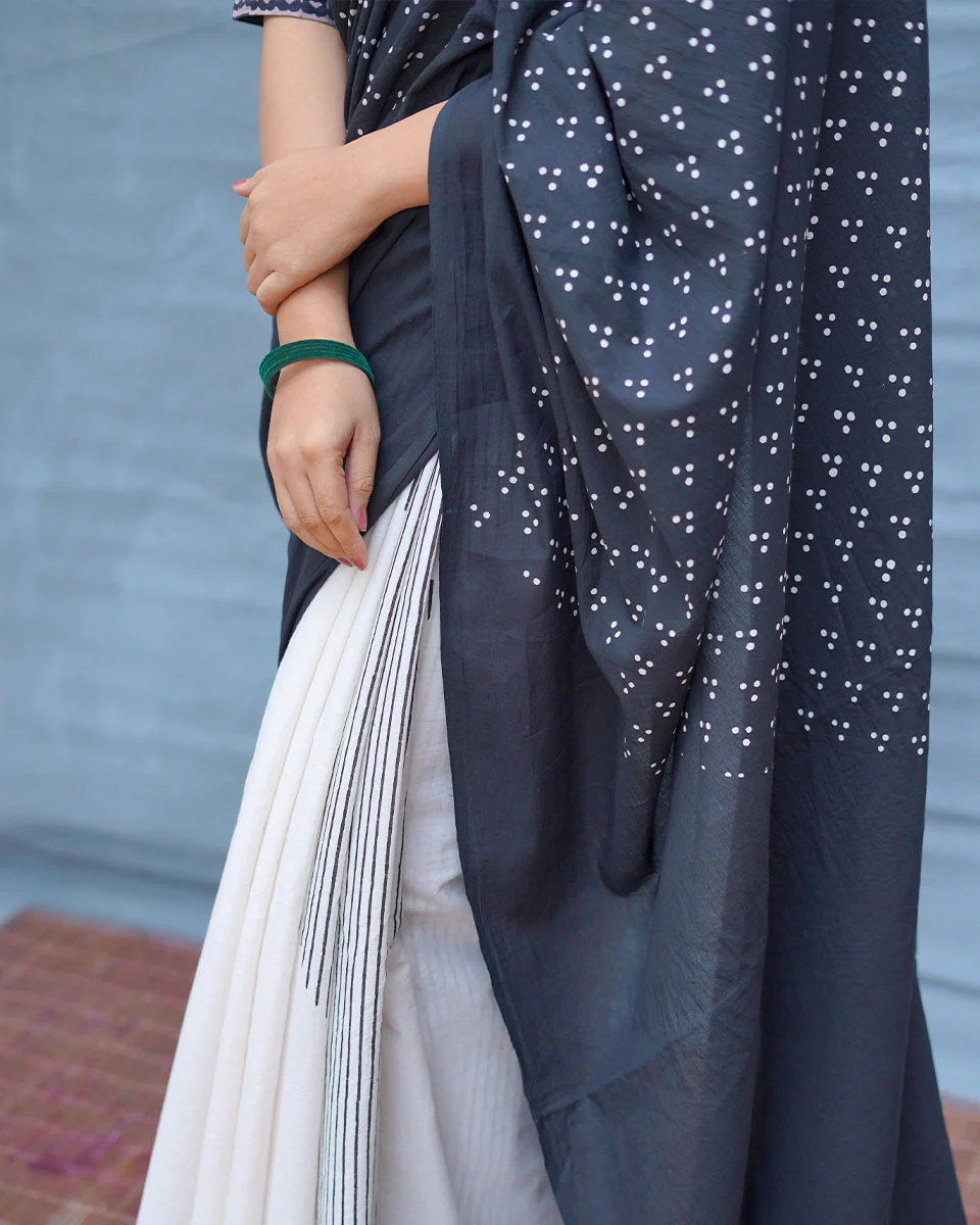 Monochrome Magic Black & White Handblock Print Cotton Saree - MIS - Image 4