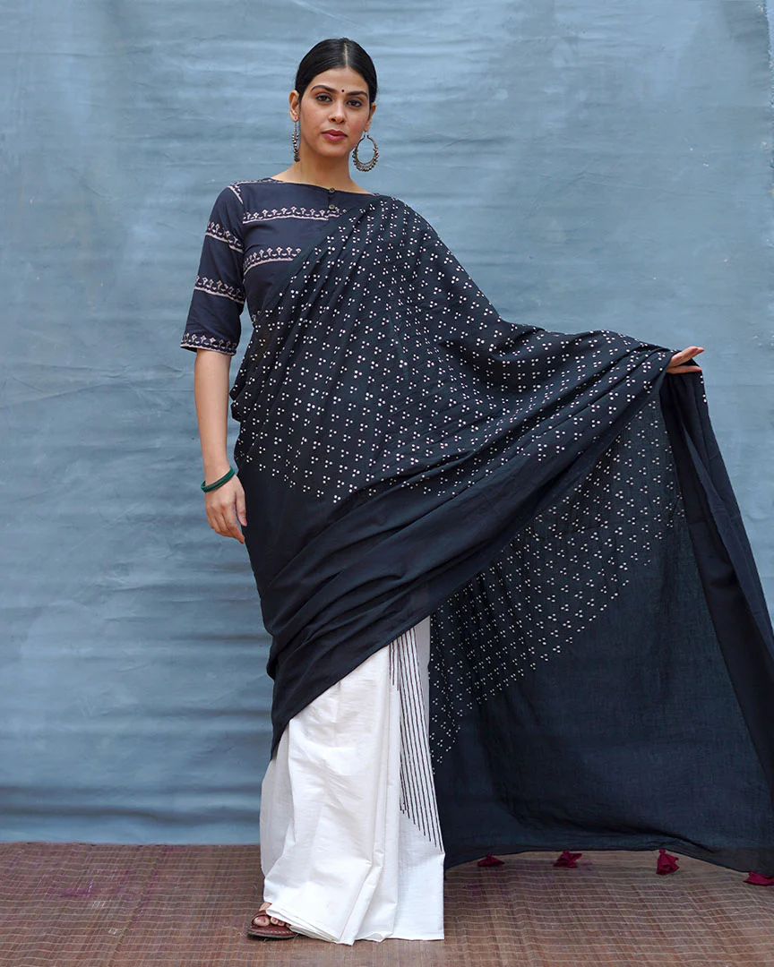 Monochrome Magic Black & White Handblock Print Cotton Saree - MIS - Image 6