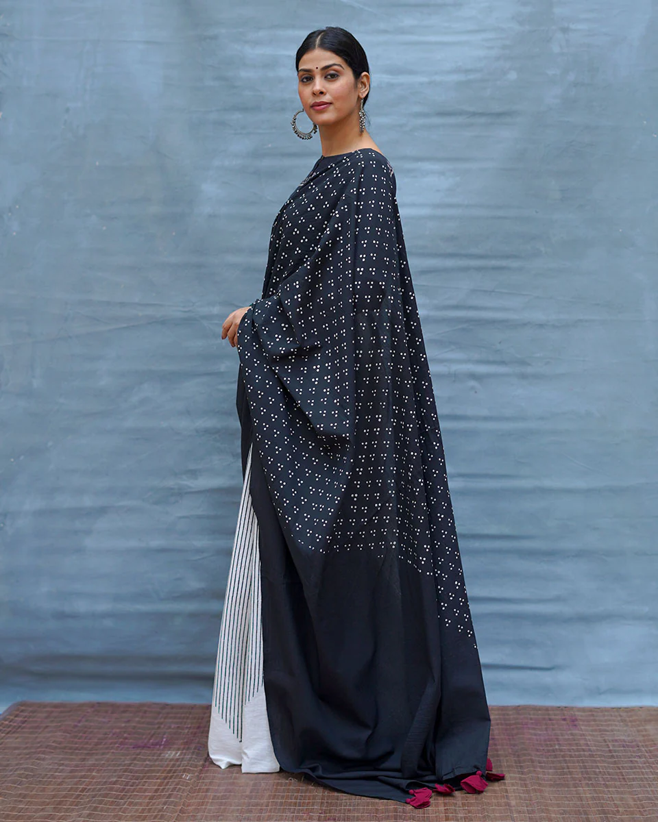 Monochrome Magic Black & White Handblock Print Cotton Saree - MIS - Image 9