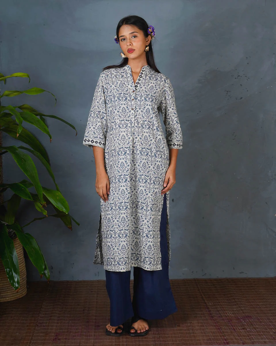 Monsoon Sea Grey Block Printed Cotton Kurti - BMS