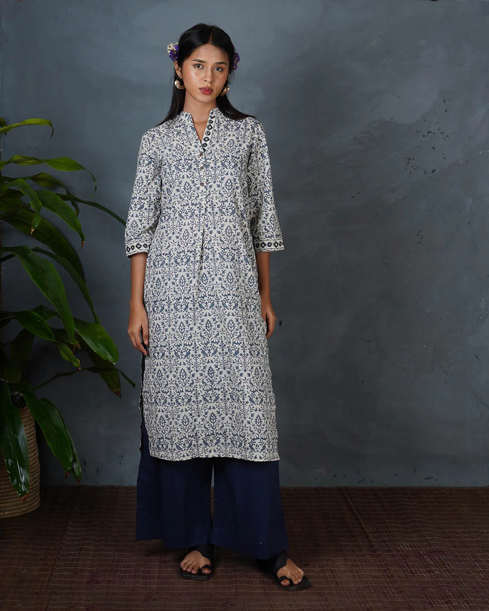 Monsoon Sea Grey Block Printed Cotton Kurti - BMS - Image 2