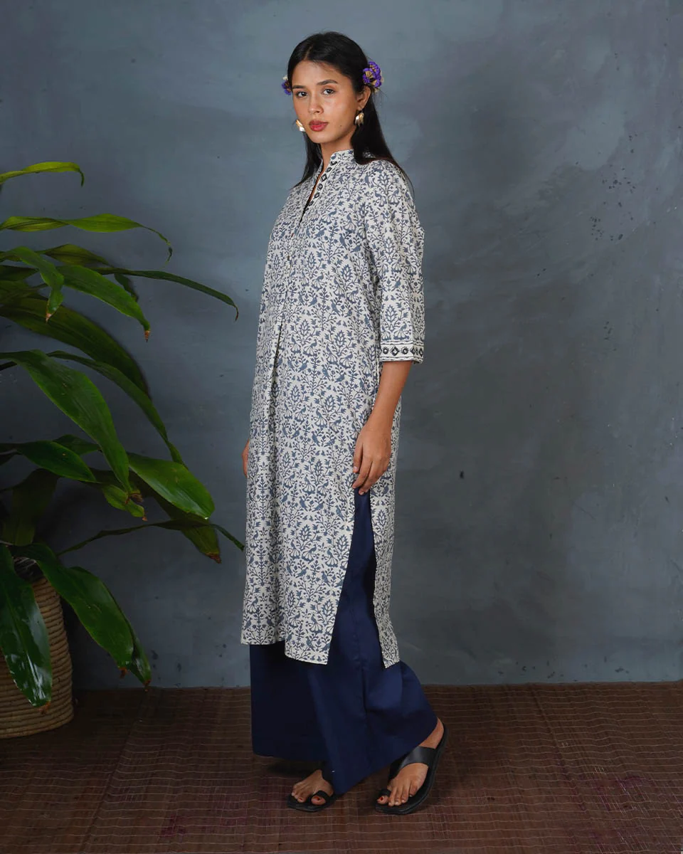 Monsoon Sea Grey Block Printed Cotton Kurti - BMS - Image 3