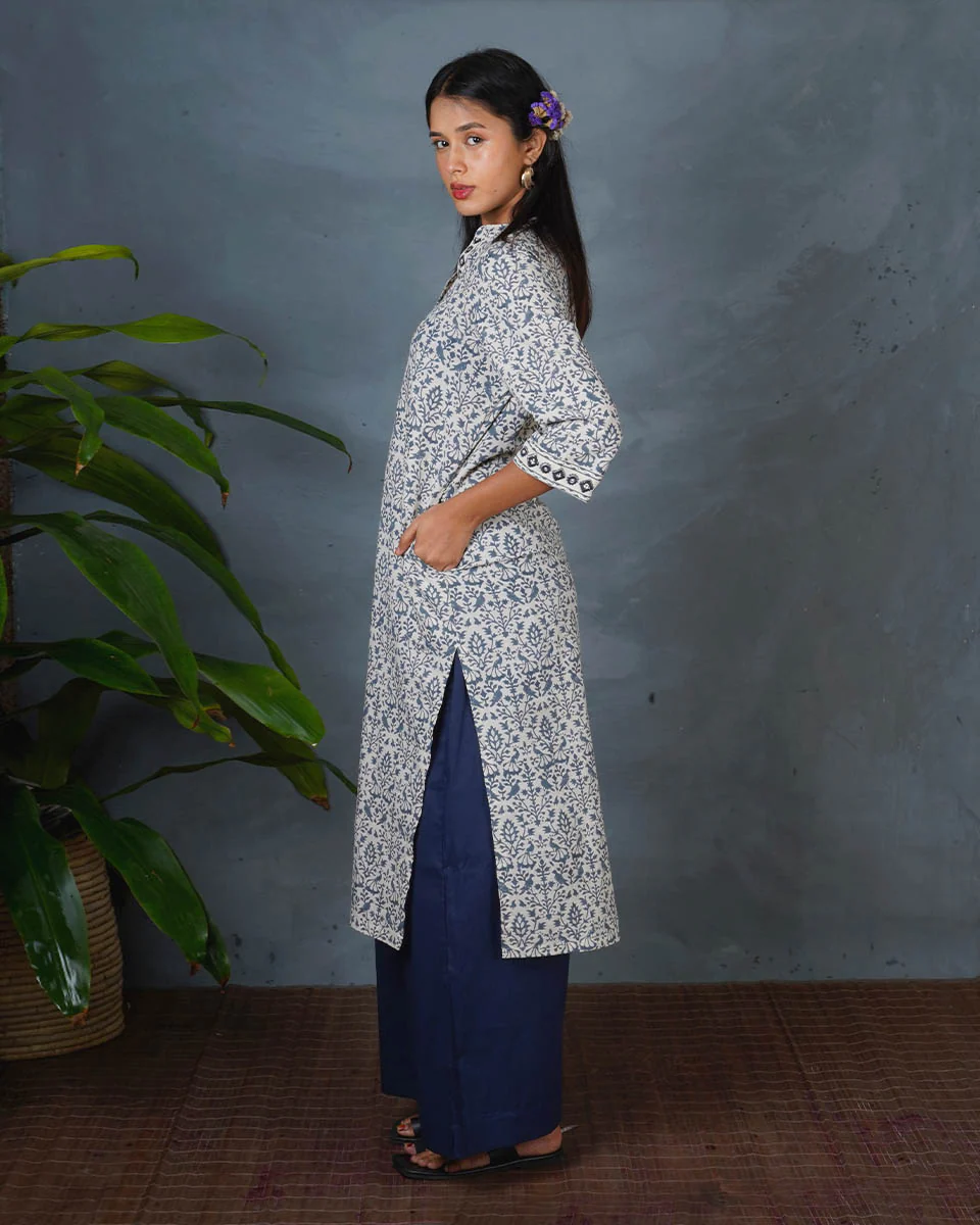 Monsoon Sea Grey Block Printed Cotton Kurti - BMS - Image 4