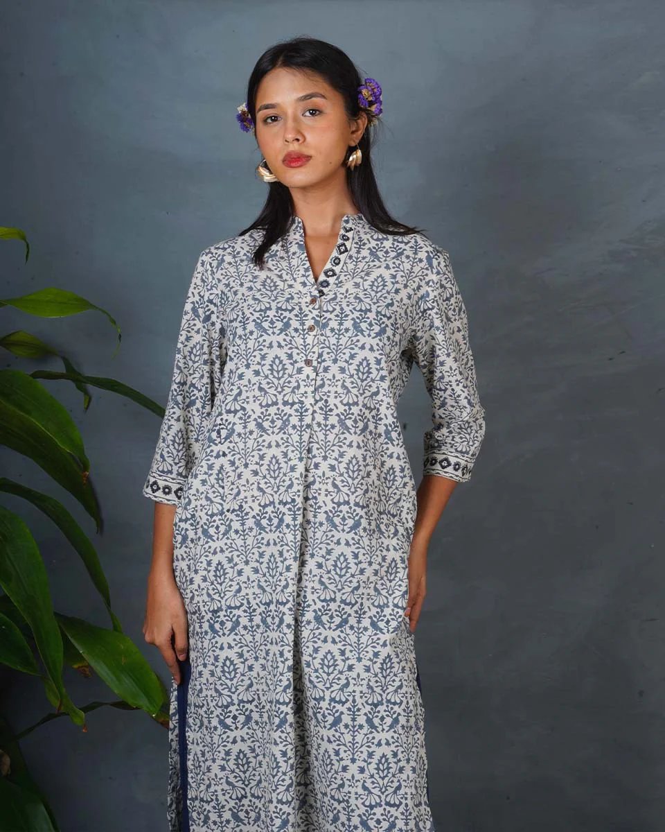 Monsoon Sea Grey Block Printed Cotton Kurti - BMS - Image 8