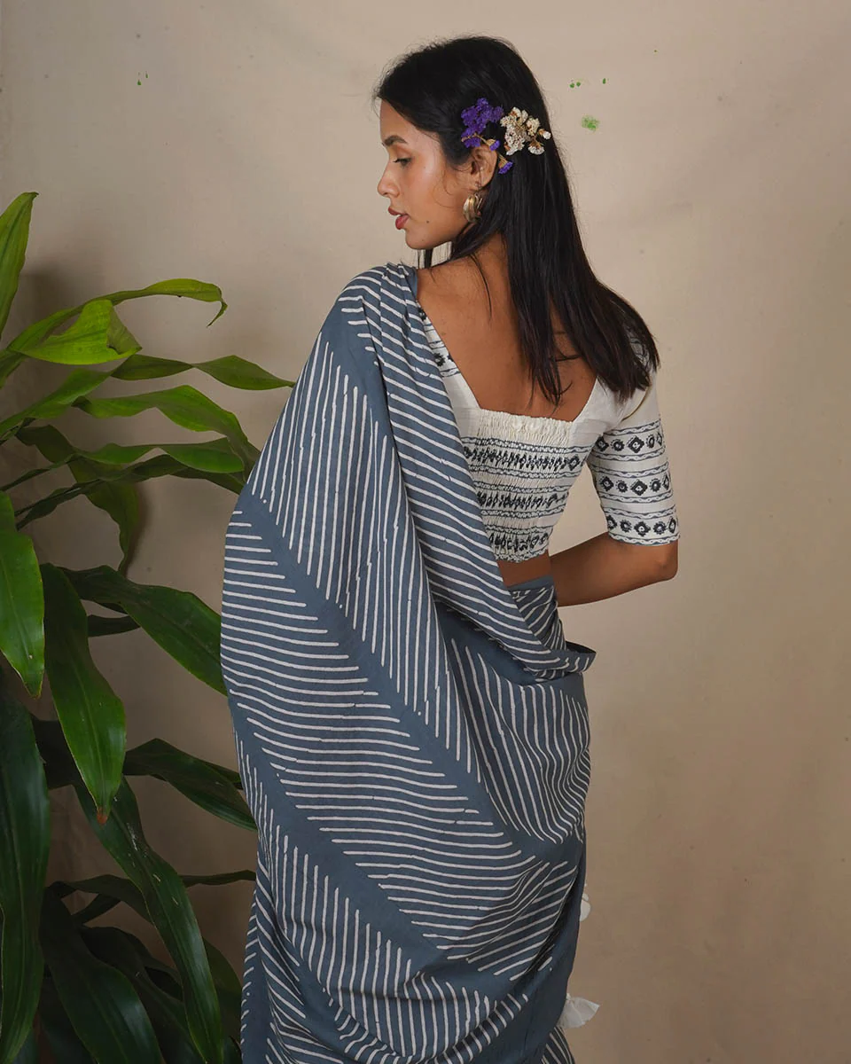 Moon Smoke Grey Block Printed Saree - BMS - Image 9