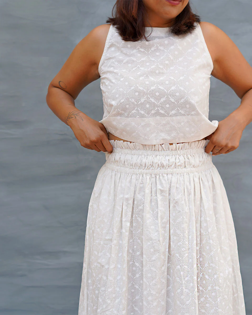 Moonflower White Handblock Print Cotton Top - Safed - Image 2