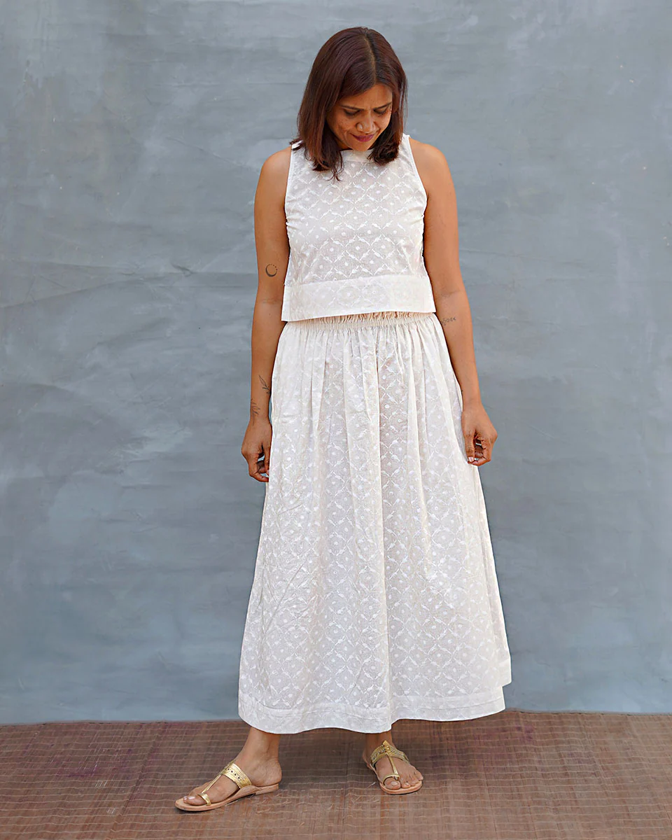 Moonflower White Handblock Print Cotton Top - Safed - Image 9