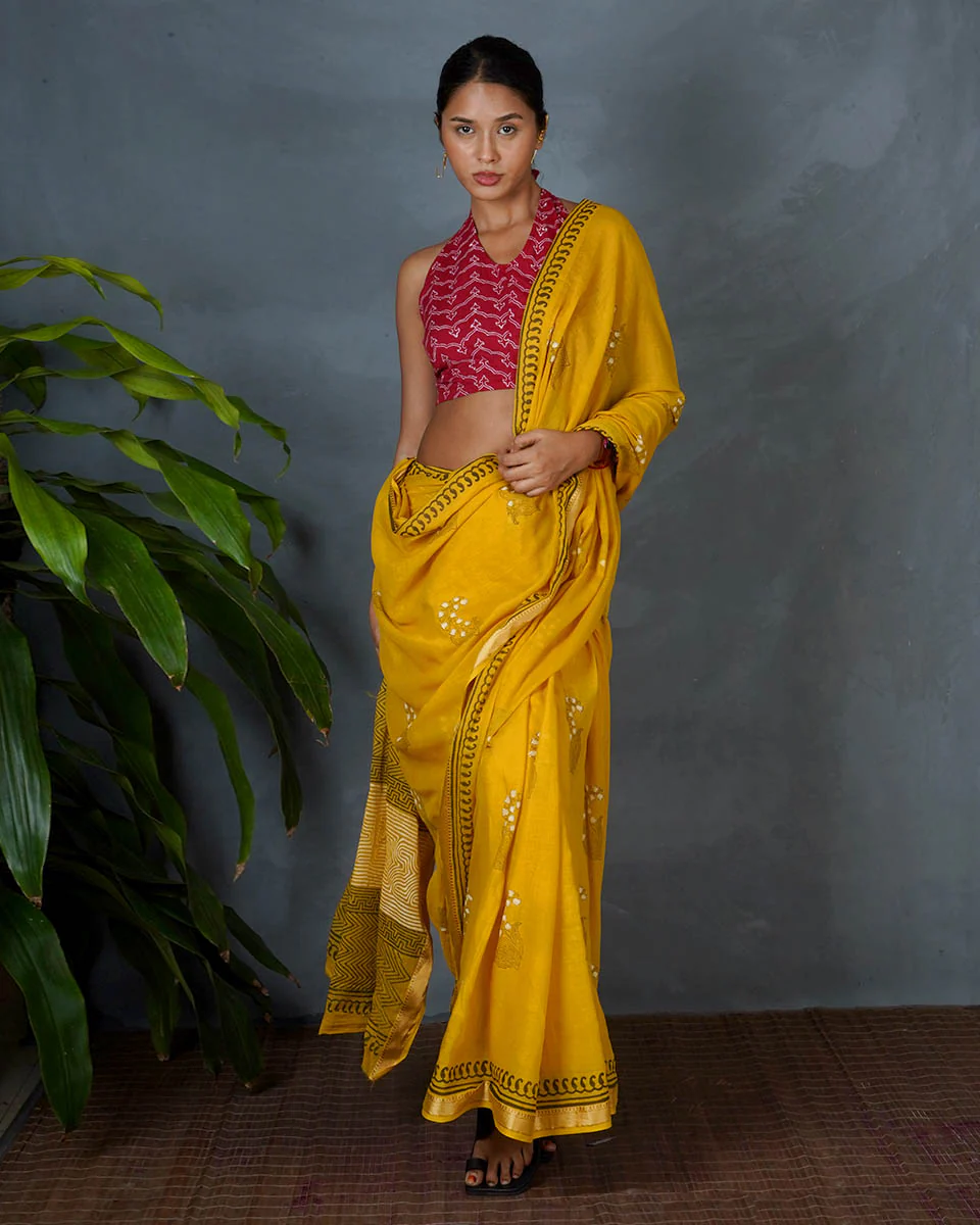 Mriga Yellow Hand Block Printed Cotton Saree-MYA