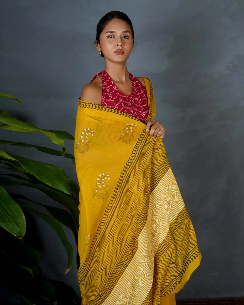 Mriga Yellow Hand Block Printed Cotton Saree-MYA - Image 2