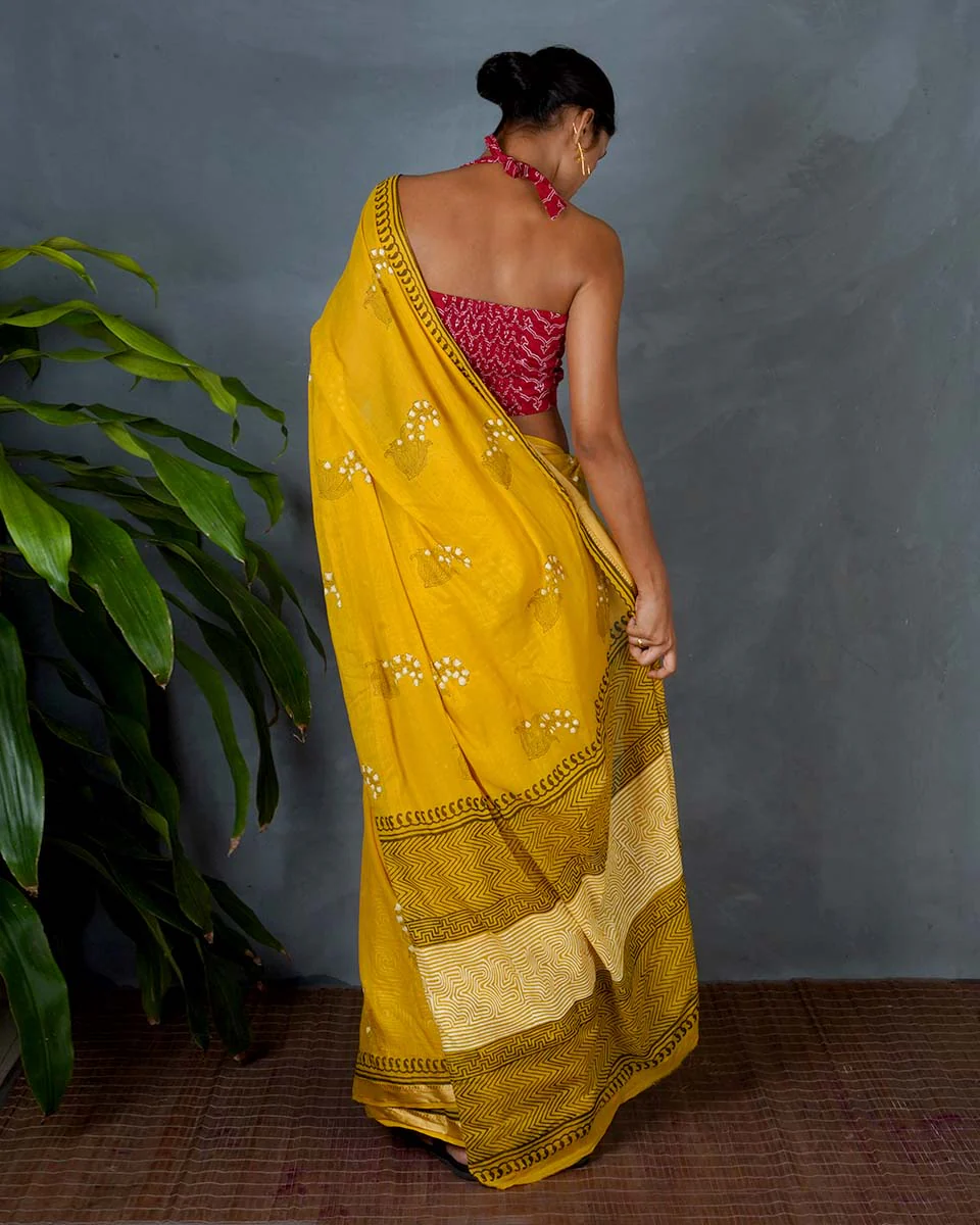 Mriga Yellow Hand Block Printed Cotton Saree-MYA - Image 8