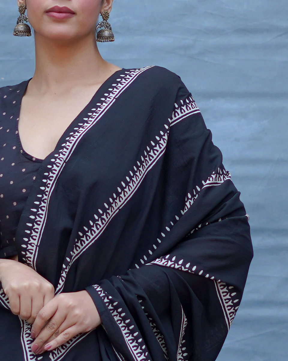 Mrinal Black With Maroon Handblock Printed Cotton Saree - Soil - Image 5