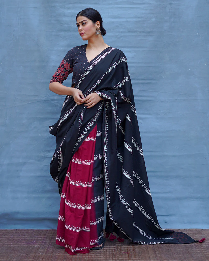 Mrinal Black With Maroon Handblock Printed Cotton Saree - Soil - Image 7