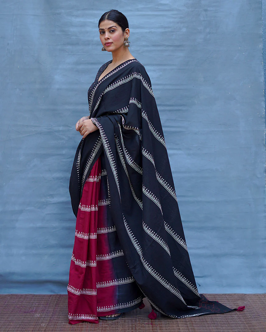 Mrinal Black With Maroon Handblock Printed Cotton Saree - Soil - Image 8