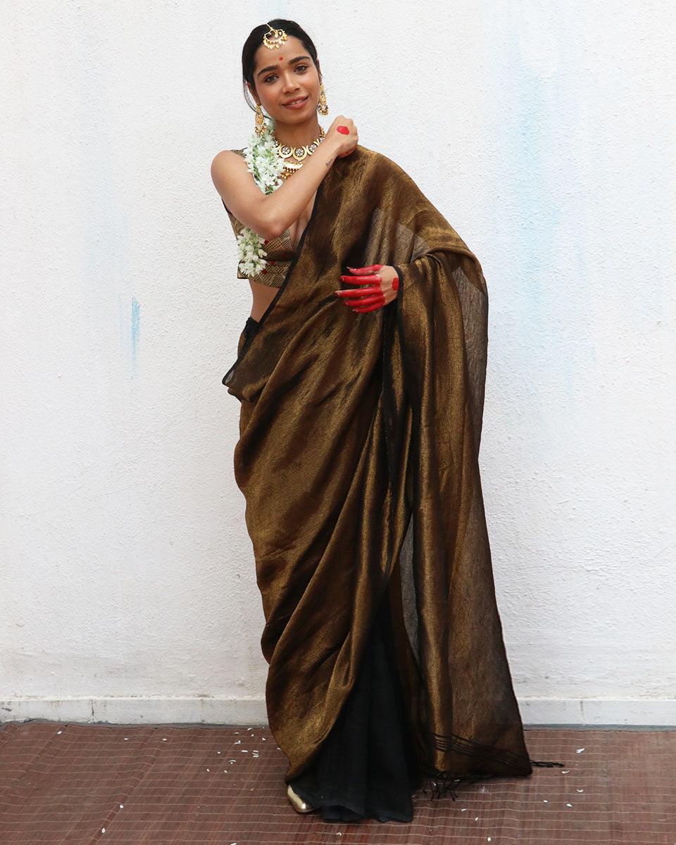 Mrinal Brown Handwoven Linen Zari Saree