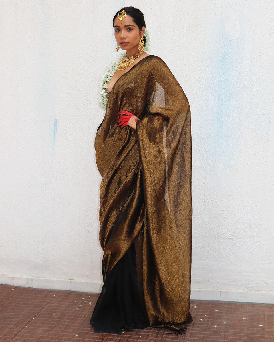 Mrinal Brown Handwoven Linen Zari Saree - Image 9