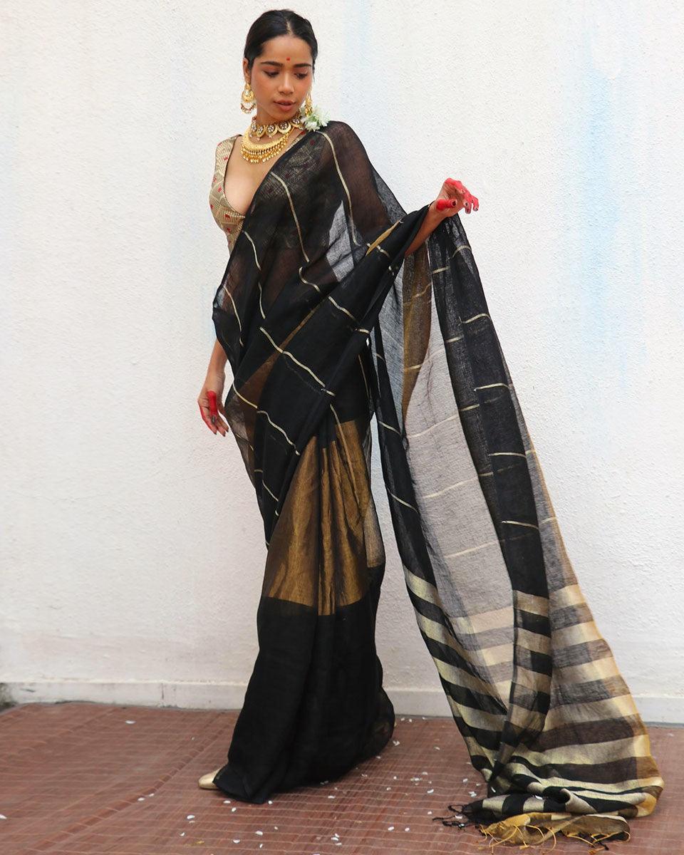Mrinmoyee Handwoven Linen Zari Saree - Image 2