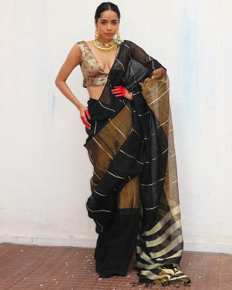 Mrinmoyee Handwoven Linen Zari Saree - Image 6