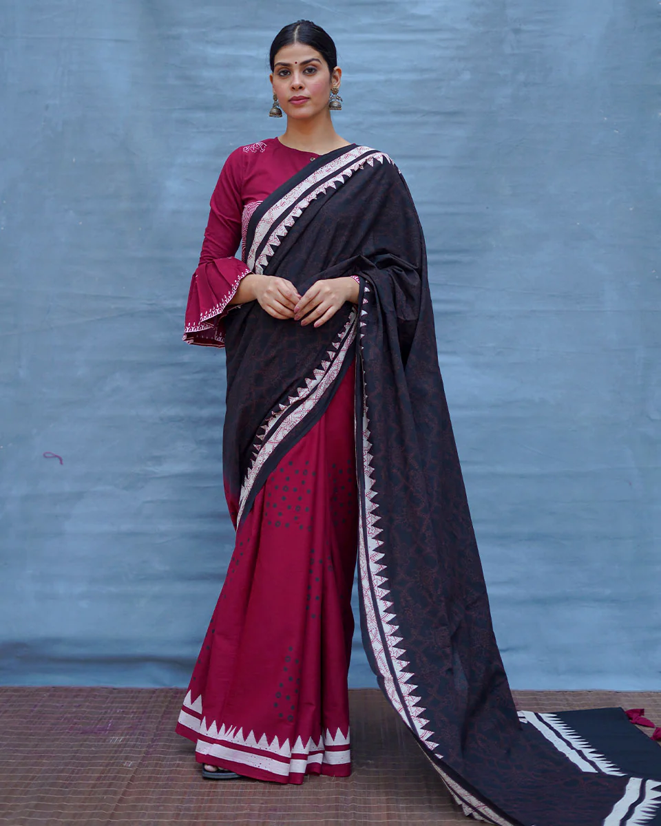 Mrinmoyee Maroon With Black Handblock Printed Cotton Saree - Soil