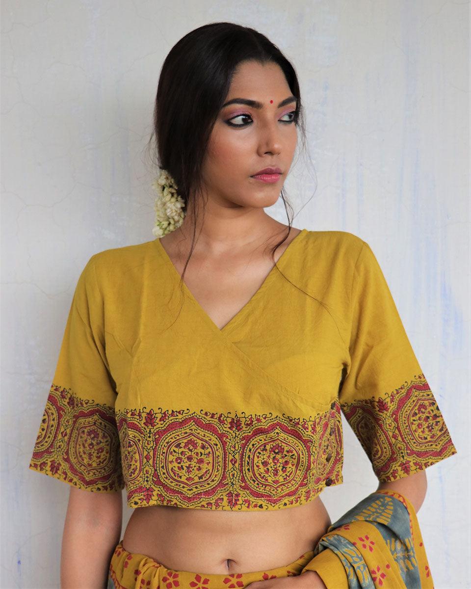 Mustard Angarakha Handprinted Cotton Crop Top Blouse - God