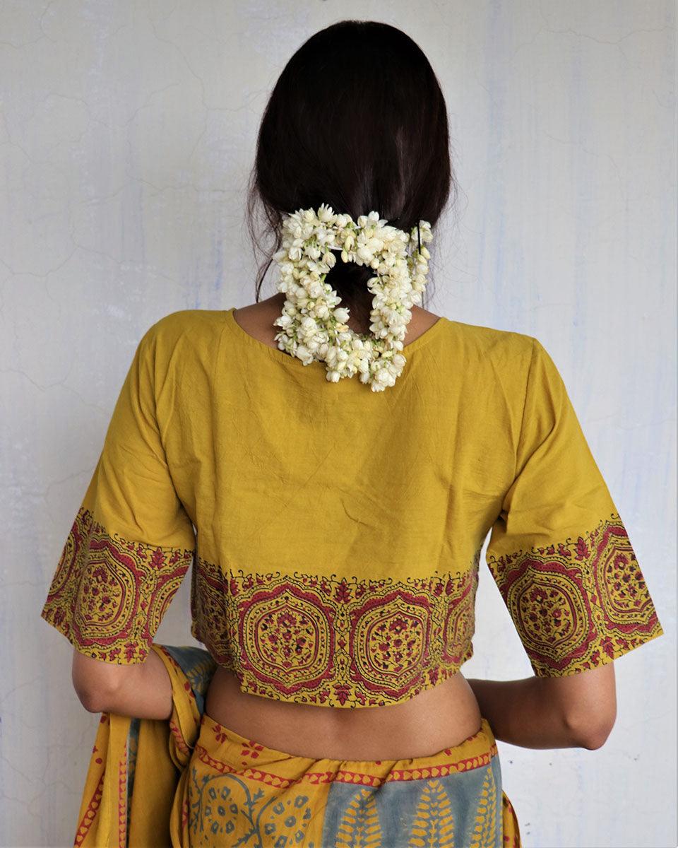Mustard Angarakha Handprinted Cotton Crop Top Blouse - God - Image 5