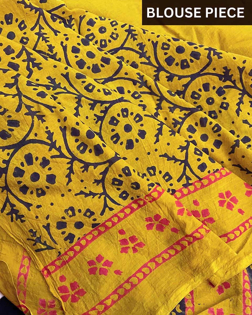 Mustard Block Printed Cotton Mul Saree - God - Image 4