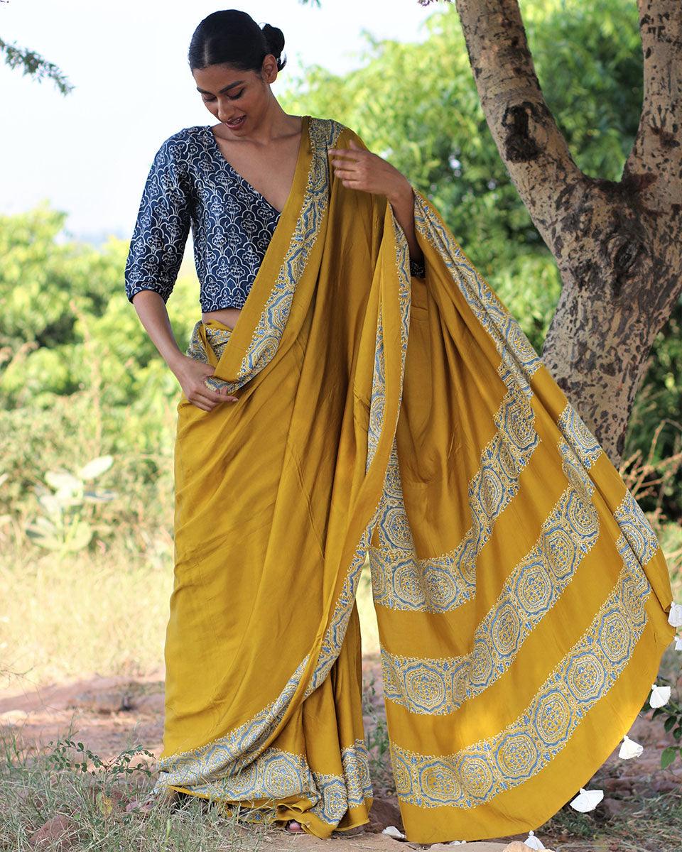 Mustard Blockprinted Modal Silk Saree - Rang - Image 2