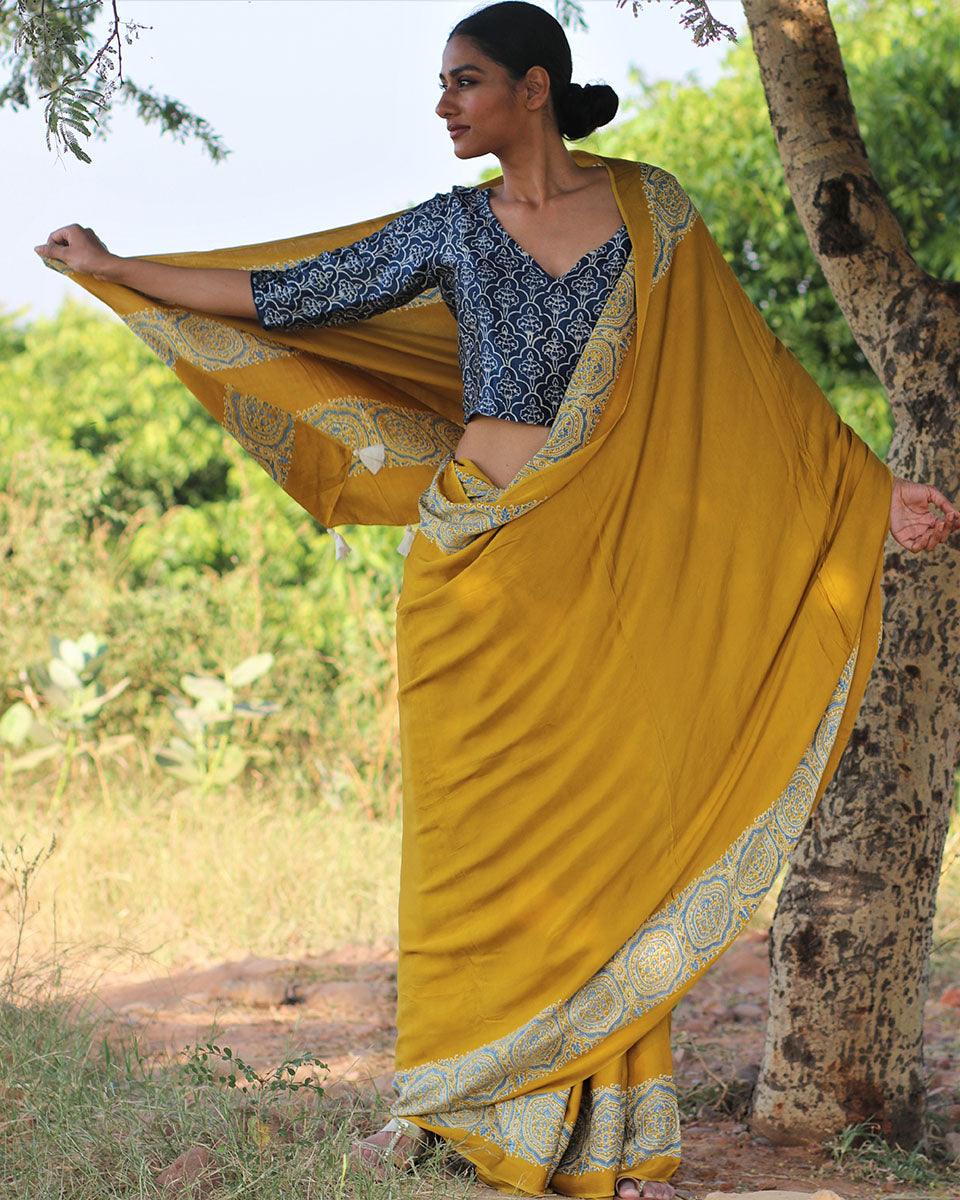 Mustard Blockprinted Modal Silk Saree - Rang - Image 4