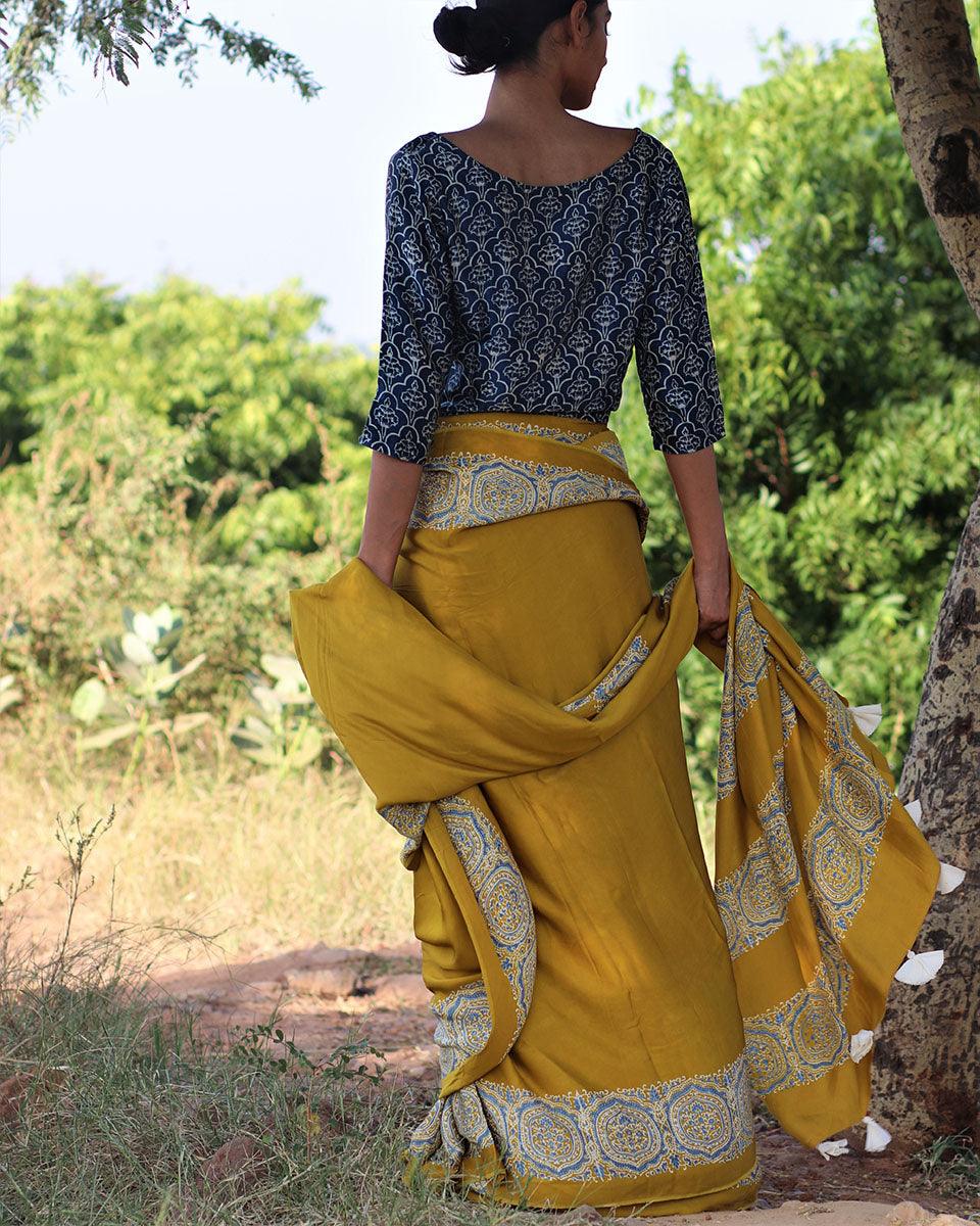 Mustard Blockprinted Modal Silk Saree - Rang - Image 7