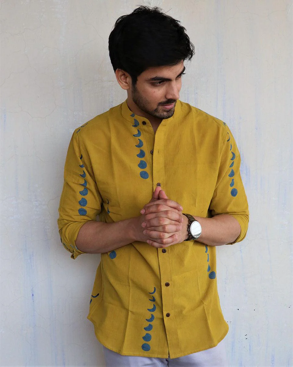 Mustard Eclipes Block-Printed Men'S Shirt - Image 8