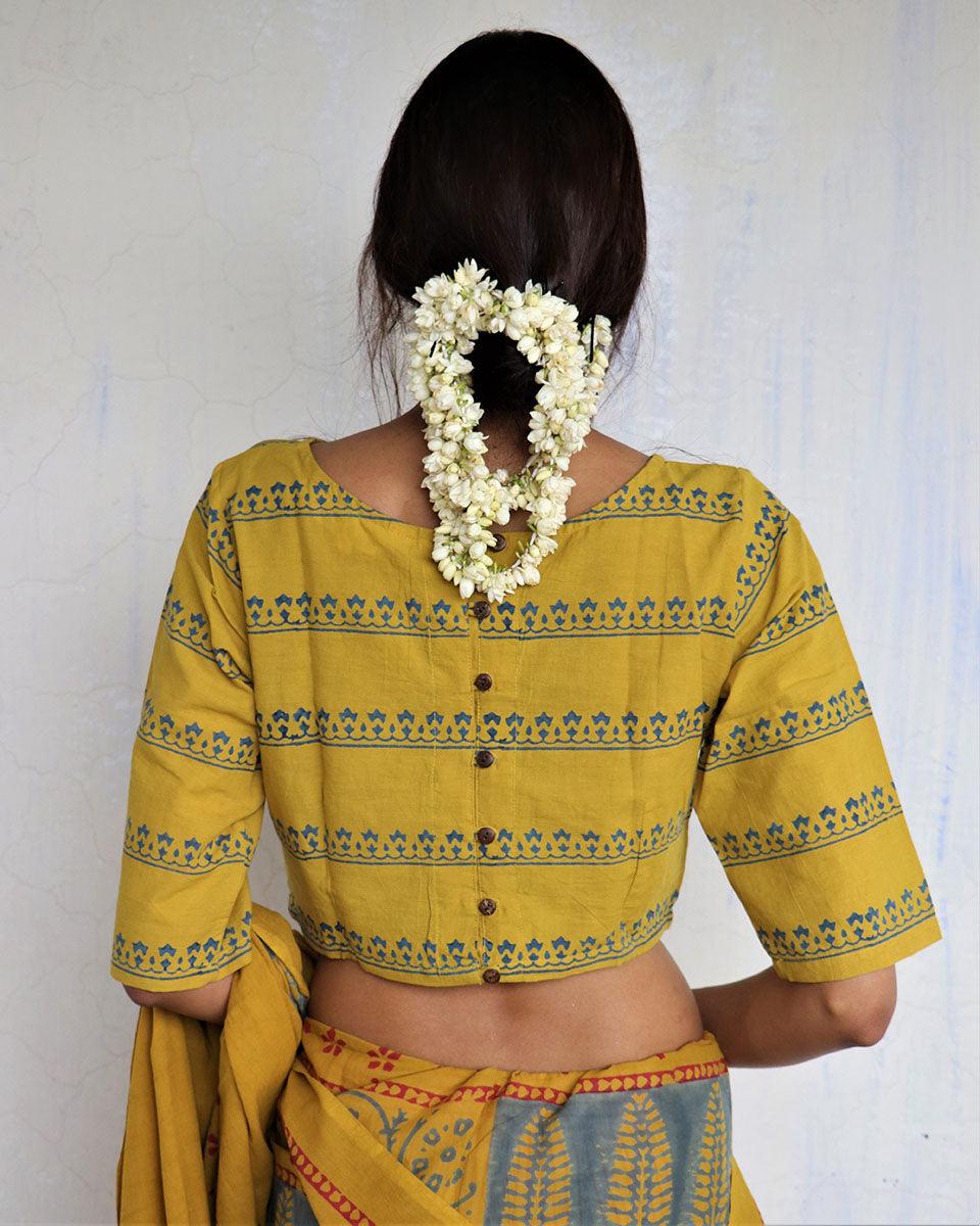 Mustard Handprinted Crop Top Cotton Blouse - God - Image 5