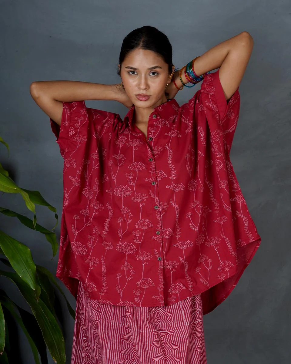 Myra Red Hand Block Printed Cotton Top-MYA
