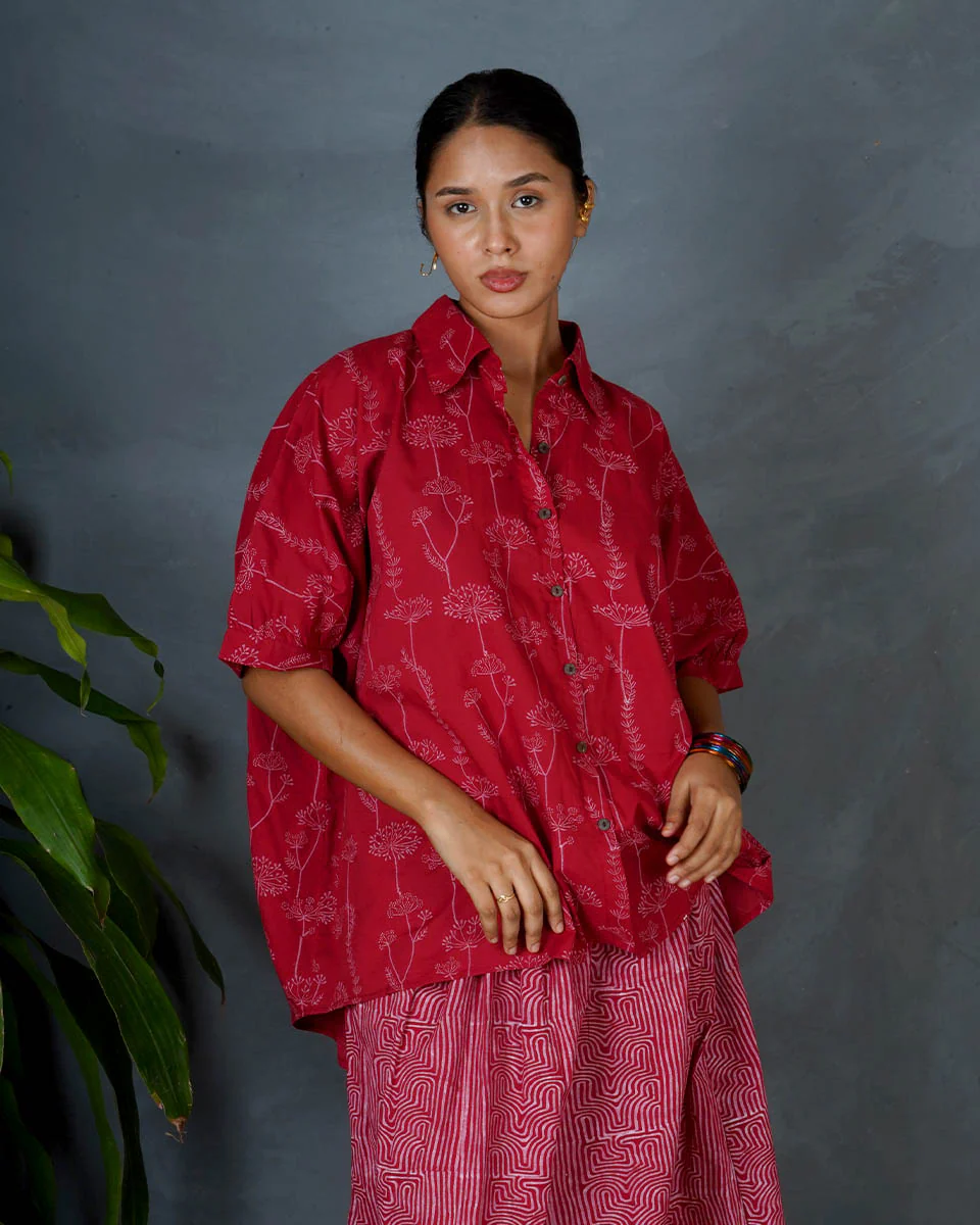 Myra Red Hand Block Printed Cotton Top-MYA - Image 2