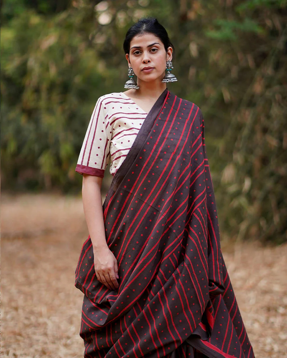 Nadiya Kinare Brown Hand Block Printed Cotton Saree - WW - Image 5