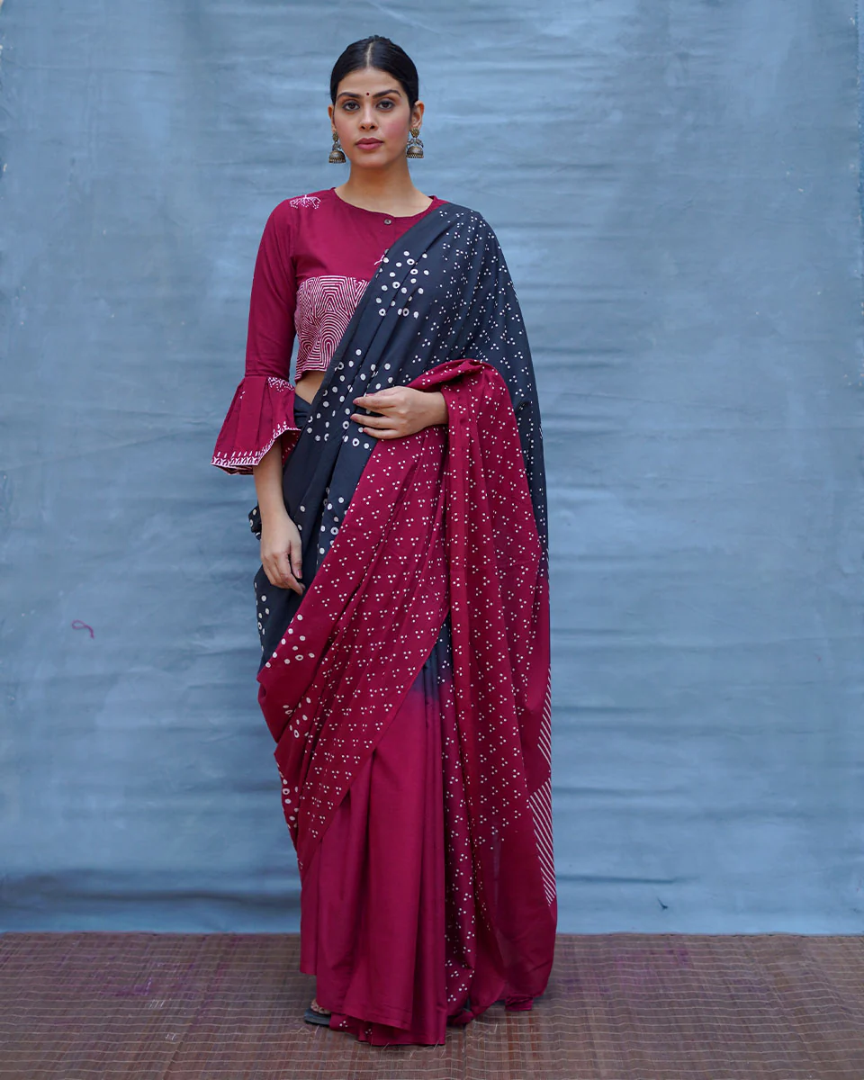 Nandini Maroon With Black Handblock Printed Cotton Saree - Soil - Image 5
