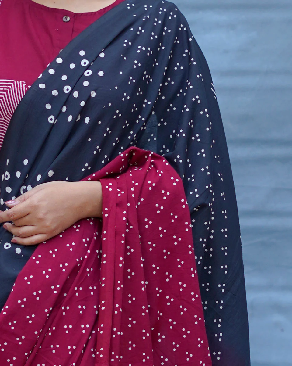 Nandini Maroon With Black Handblock Printed Cotton Saree - Soil - Image 7
