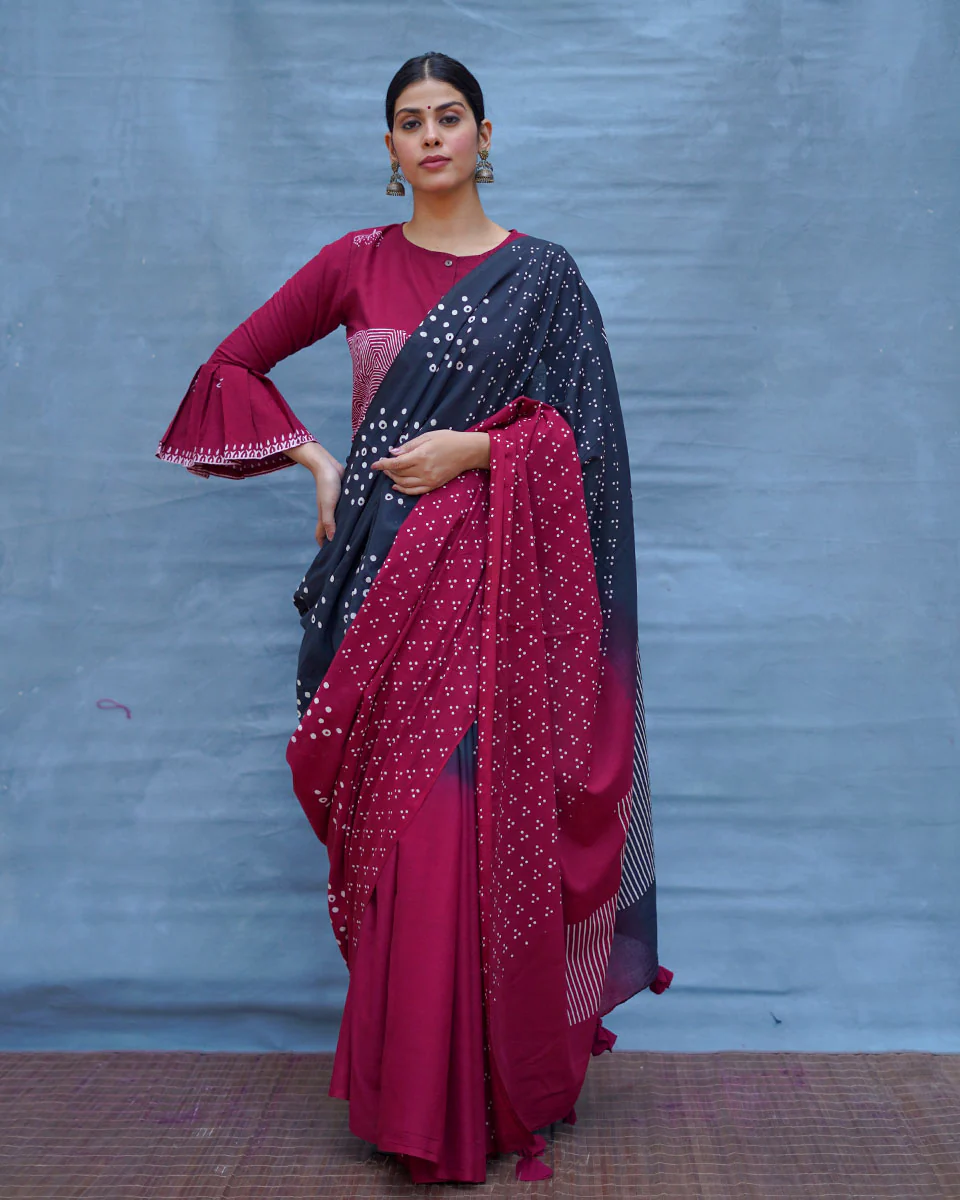 Nandini Maroon With Black Handblock Printed Cotton Saree - Soil - Image 8