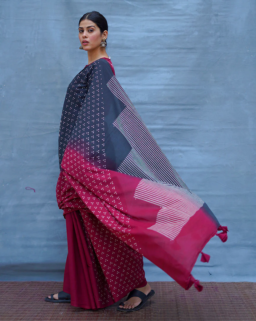 Nandini Maroon With Black Handblock Printed Cotton Saree - Soil - Image 9