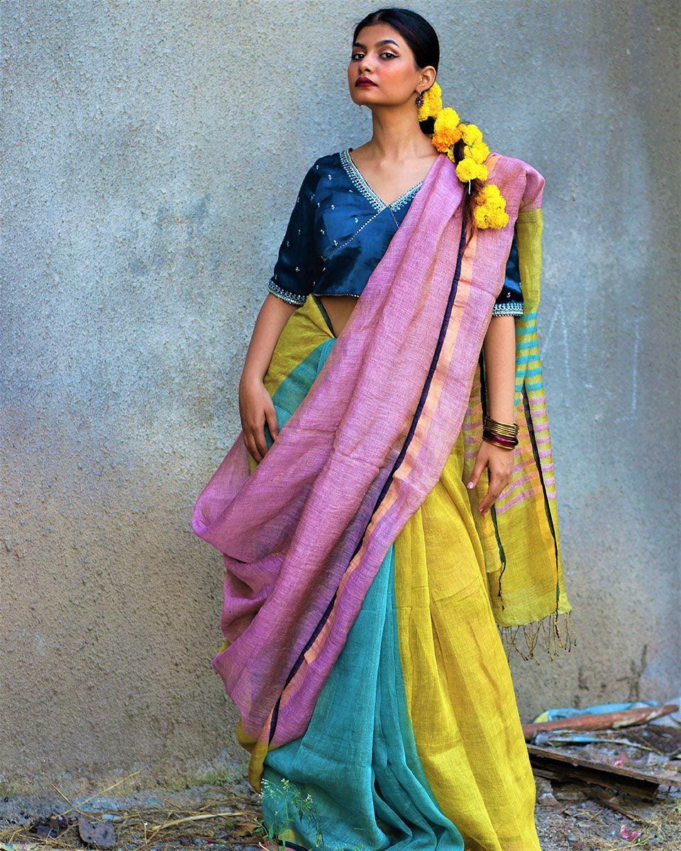 Nazm Handwoven Linen Zari Saree - Gazala - Image 2
