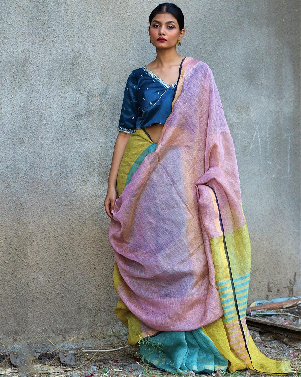 Nazm Handwoven Linen Zari Saree - Gazala - Image 6