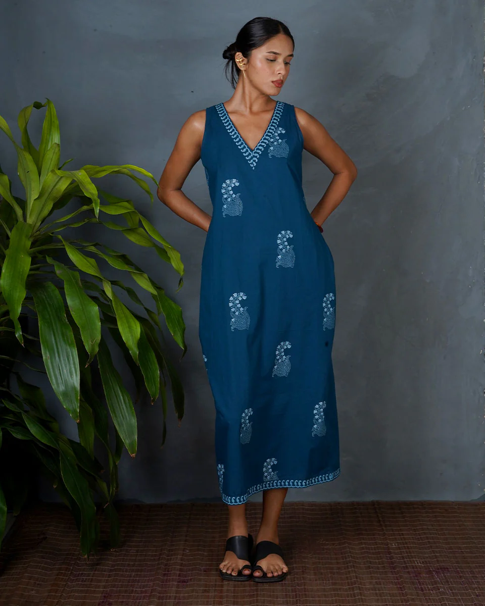 Neeraja Teal Green Hand Block Printed Cotton Dress-MYA